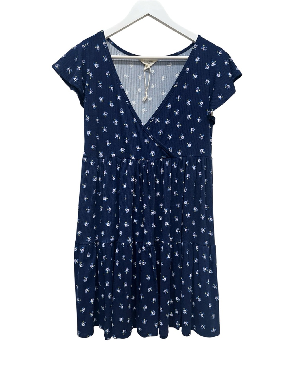 JESSICA SIMPSON Blue Ditsy Floral Bow Flutter Sleeve Mini Babydoll Dress L